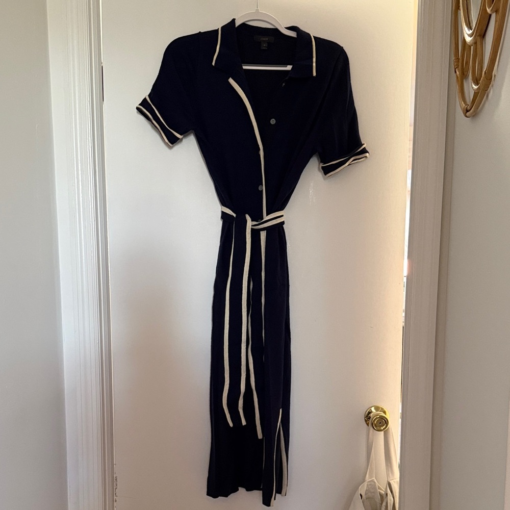 J. Crew Navy Midi Sweater Dress with Cream Accents